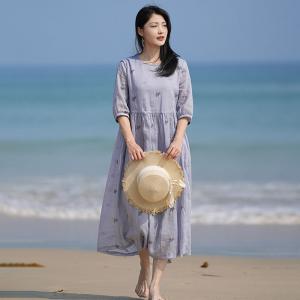 Puff Sleeves Summer Beach Ramie Embroidered Dress