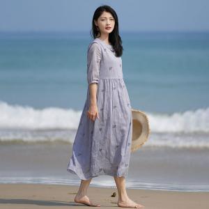 Puff Sleeves Summer Beach Ramie Embroidered Dress