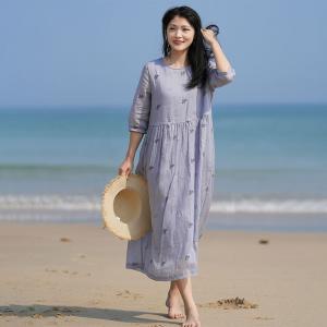 Puff Sleeves Summer Beach Ramie Embroidered Dress