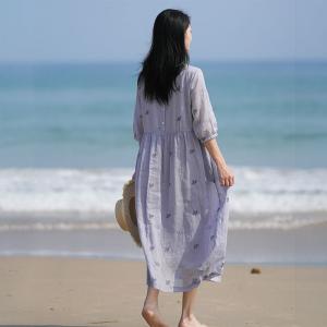 Puff Sleeves Summer Beach Ramie Embroidered Dress