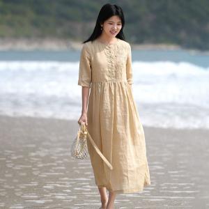 Handmade Embroidery Tied Waist Ramie Beach Dress