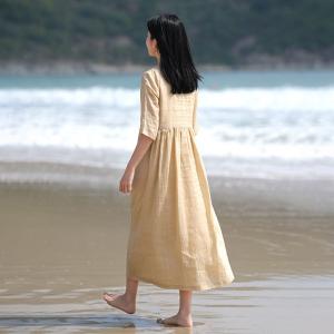 Handmade Embroidery Tied Waist Ramie Beach Dress