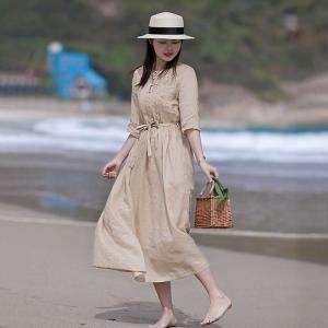 Handmade Embroidery Tied Waist Ramie Beach Dress