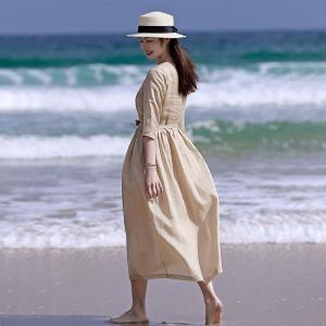 Handmade Embroidery Tied Waist Ramie Beach Dress