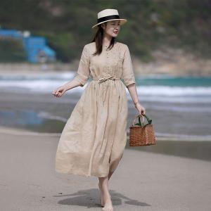 Handmade Embroidery Tied Waist Ramie Beach Dress