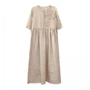 Handmade Embroidery Tied Waist Ramie Beach Dress