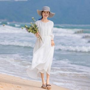 Lace Sleeves Organic Ramie White Maxi Resort Dress