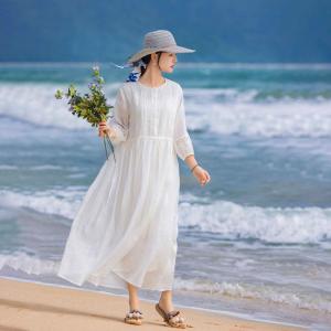 Lace Sleeves Organic Ramie White Maxi Resort Dress