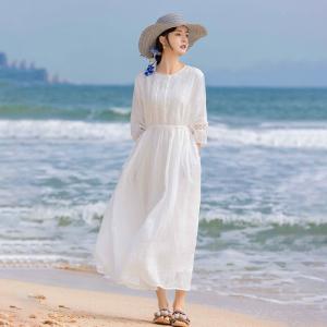 Lace Sleeves Organic Ramie White Maxi Resort Dress