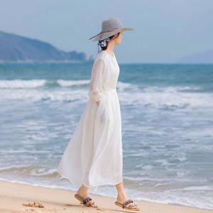 Lace Sleeves Organic Ramie White Maxi Resort Dress