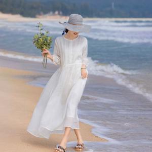Lace Sleeves Organic Ramie White Maxi Resort Dress