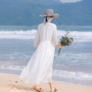 Lace Sleeves Organic Ramie White Maxi Resort Dress