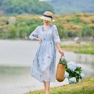 Summer High Waist Blue Ramie Embroidered Dress
