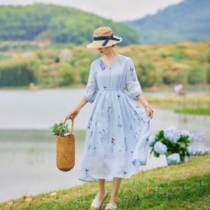 Summer High Waist Blue Ramie Embroidered Dress