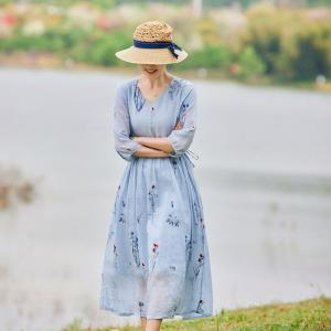 Summer High Waist Blue Ramie Embroidered Dress