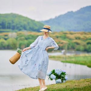 Summer High Waist Blue Ramie Embroidered Dress