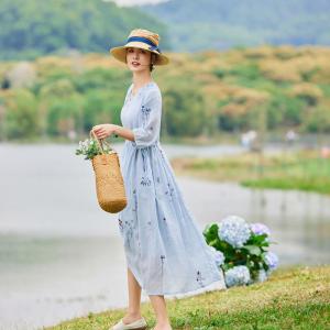 Summer High Waist Blue Ramie Embroidered Dress