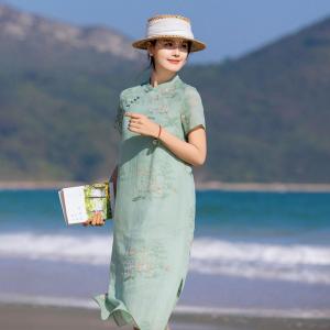 Exquisite Embroidery Short Sleeves Ramie Qipao Dress