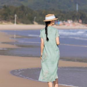 Exquisite Embroidery Short Sleeves Ramie Qipao Dress