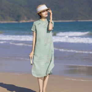 Exquisite Embroidery Short Sleeves Ramie Qipao Dress