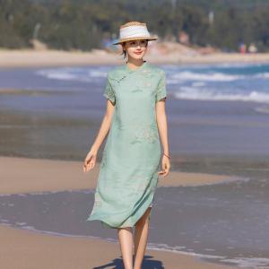 Exquisite Embroidery Short Sleeves Ramie Qipao Dress
