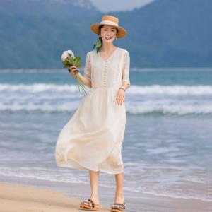 Apricot Embroidery Loose Ramie Boho Midi Dress