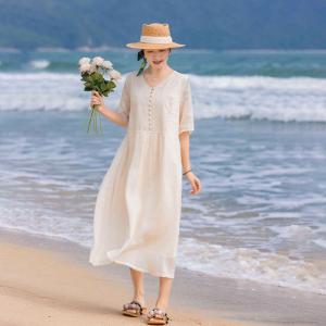 Apricot Embroidery Loose Ramie Boho Midi Dress