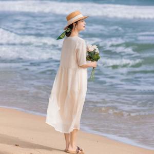 Apricot Embroidery Loose Ramie Boho Midi Dress