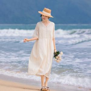 Apricot Embroidery Loose Ramie Boho Midi Dress