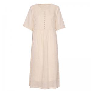 Apricot Embroidery Loose Ramie Boho Midi Dress