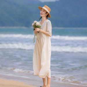 Apricot Embroidery Loose Ramie Boho Midi Dress