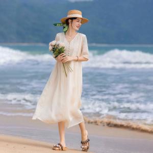 Apricot Embroidery Loose Ramie Boho Midi Dress