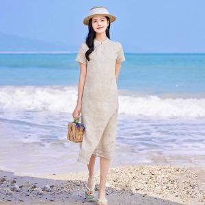 Mandarin Collar Embroidery Summer Shift Dress