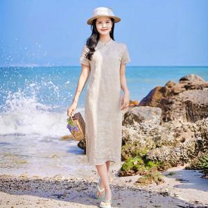 Mandarin Collar Embroidery Summer Shift Dress