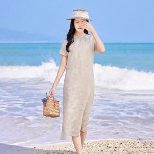 Mandarin Collar Embroidery Summer Shift Dress