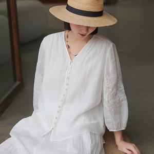 Hawaiian Style Embroidered Sleeves White Blouse
