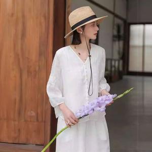 Hawaiian Style Embroidered Sleeves White Blouse