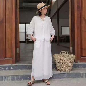 Hawaiian Style Embroidered Sleeves White Blouse