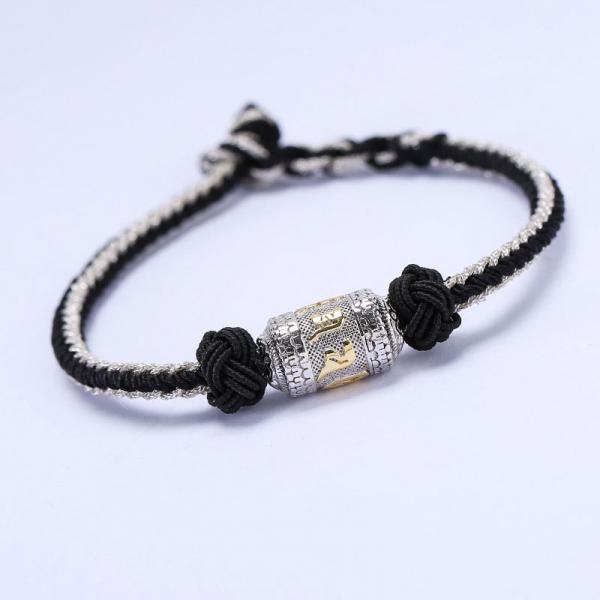Tibetan S925 Silver Om Mani Buddhist Woven Bracelet with Prayer Wheel