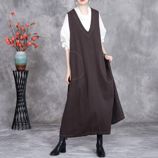 Deep V-Neck Coffee Midi Vest Dress