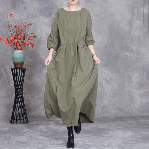 Rustic Chic Puff Sleeves Cotton Loose Casual Dress