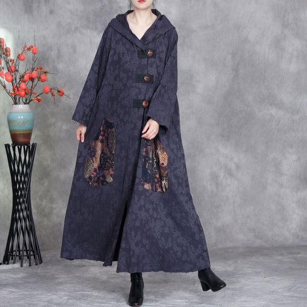 Ethnic Patchwork Big Buttons Cotton Linen Hooded Coat