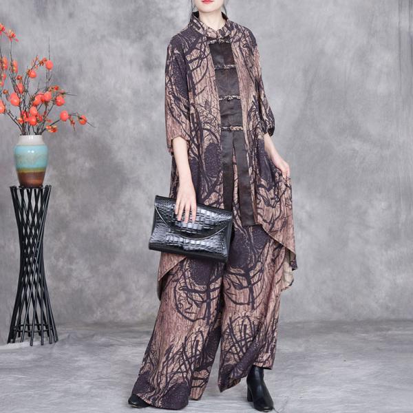 Flowing Chinese Pankou Tunic with Printed Silk Pants