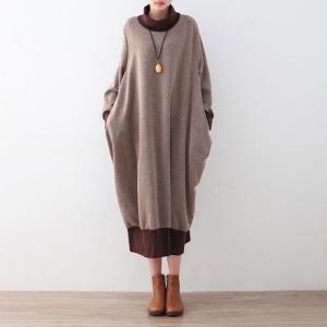 Coffee Contrast Loose Knitted Turtleneck Dress