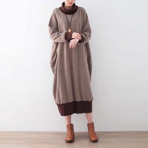 Coffee Contrast Loose Knitted Turtleneck Dress