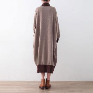 Coffee Contrast Loose Knitted Turtleneck Dress