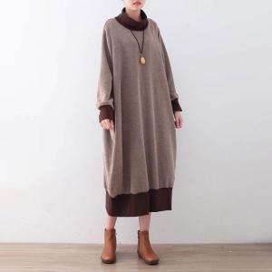 Coffee Contrast Loose Knitted Turtleneck Dress
