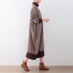 Coffee Contrast Loose Knitted Turtleneck Dress