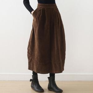 High Waist Coffee Corduroy Balloon Skirt
