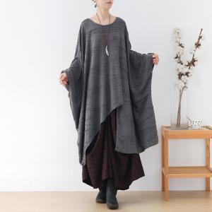 Large Size Bat Sleeves Cotton Asymmetrical Pleated Tunic